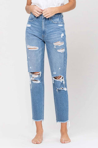 HIGH RISE DISTRESSED RAW HEM MOM JEANS V2149: BILLIE / 29