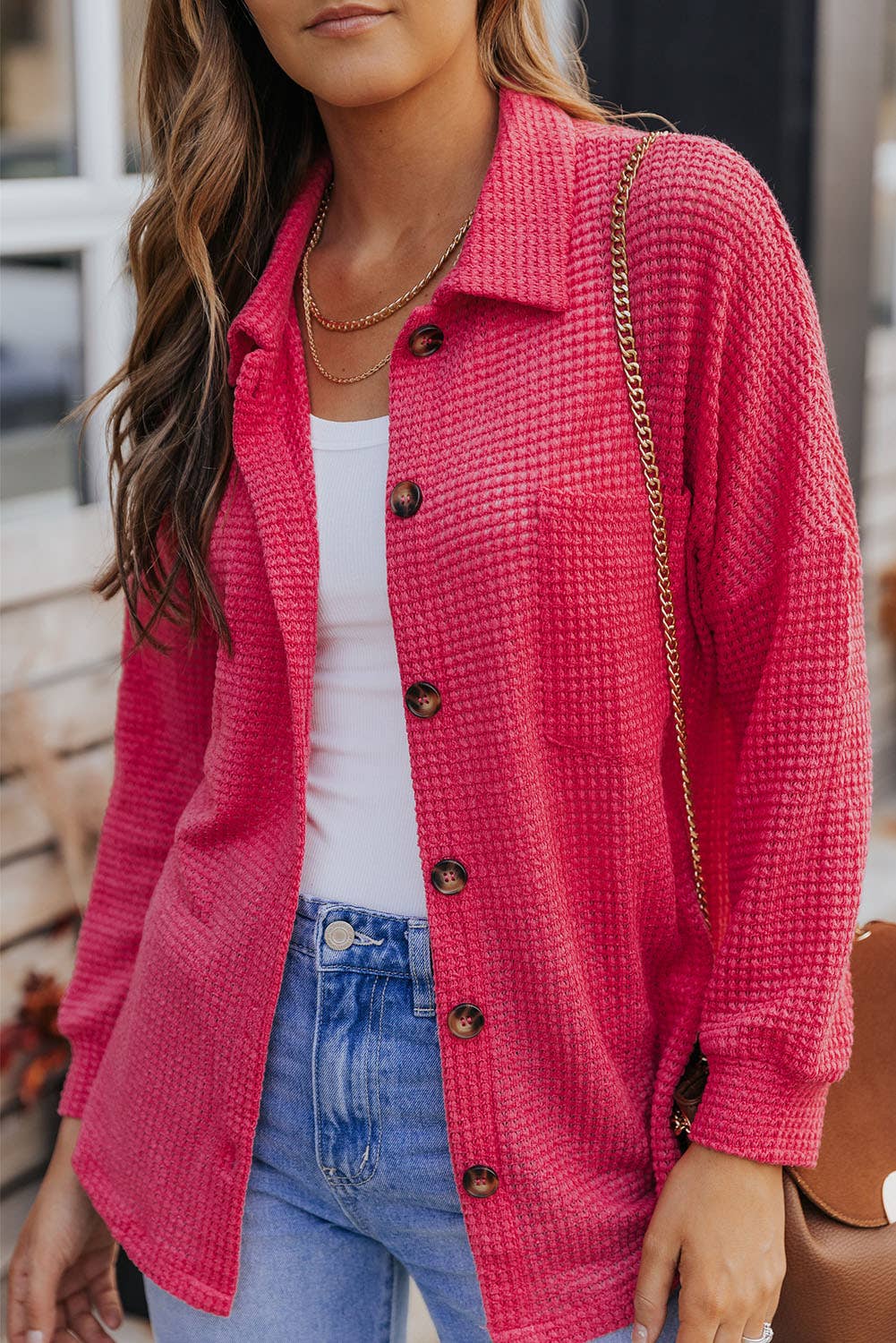 Waffle Knit Button Up Casual Shirt