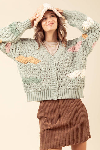 12W2930N-Multi Colors Cozy Cute Knit Sweater Cardigan: S-M-L/2-2-2 / SAGE
