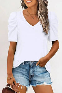 Puff Sleeve V-Neck T-Shirt: L / White