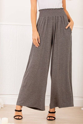 SP1123-10 FOLD OVER WIDE LEG SOLID PANTS WITH SMOCKED: 2-2-2 (1X-2X-3X) / CHARCOAL