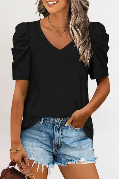 Puff Sleeve V-Neck T-Shirt: L / Black
