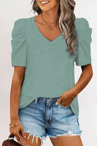 Puff Sleeve V-Neck T-Shirt: M / Green