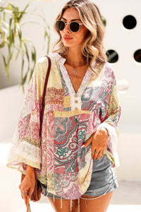 Bell Sleeve Lace V-Neck Button Sheer Blouse