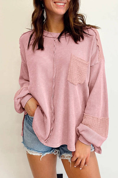 Pink Exposed Seam Patchwork Bubble Sleeve Waffle Knit Top: Pink / L / 62.7%Polyester+37.3%Cotton