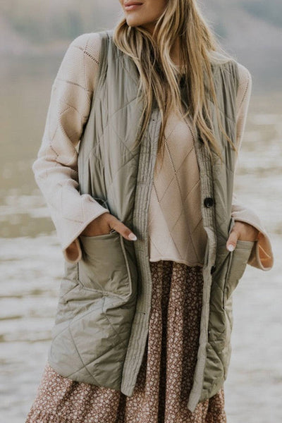 Quilted Long Vest Jacket with Pockets: S / Green