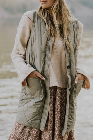 Quilted Long Vest Jacket with Pockets: L / Green
