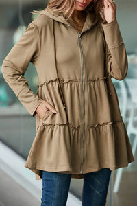 Khaki Tiered Ruffled Zip-Up Drawstring Hooded Jacket: XL / AS SHOWN